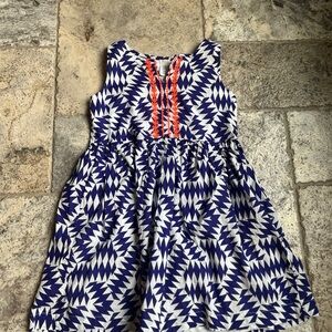 Crewcuts Blue & White Geometric Print with Orange Embroidery Kids Dress